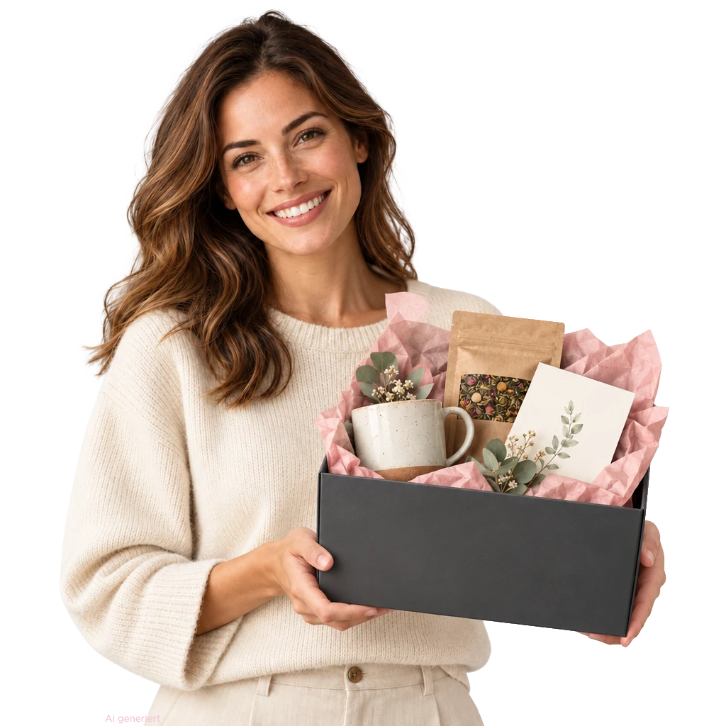 Eine Frau hält eine geöffnete Maldet-Geschenkbox mit liebevoll ausgewählten Kleinigkeiten