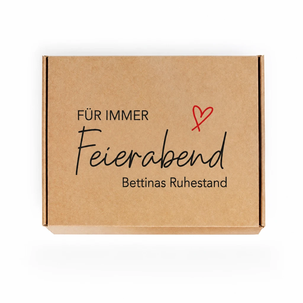 Braune personalisierte Geschenkbox zum Ruhestand mit dem Aufdruck Für immer Feierabend