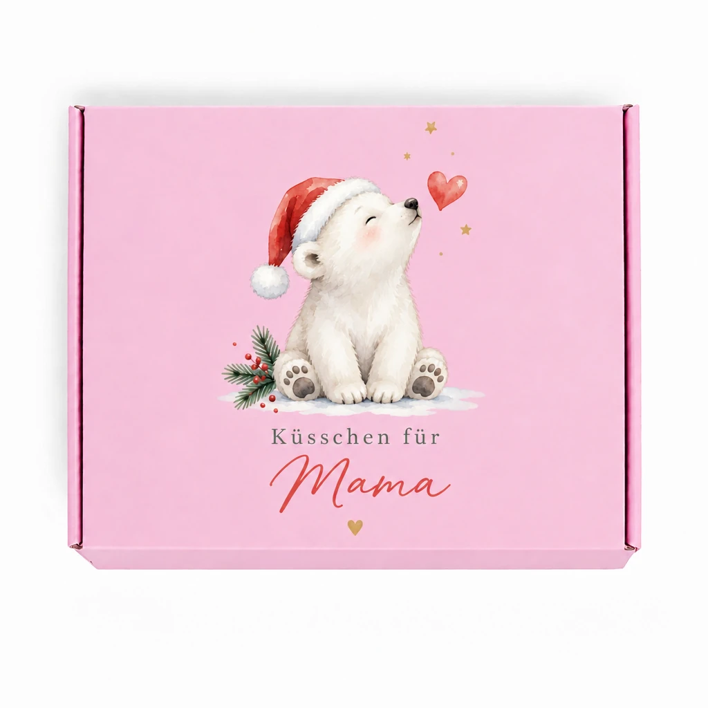 Rosa Geschenkbox mit Weihnachtsbär und dem Aufdruck Küsschen für Mama