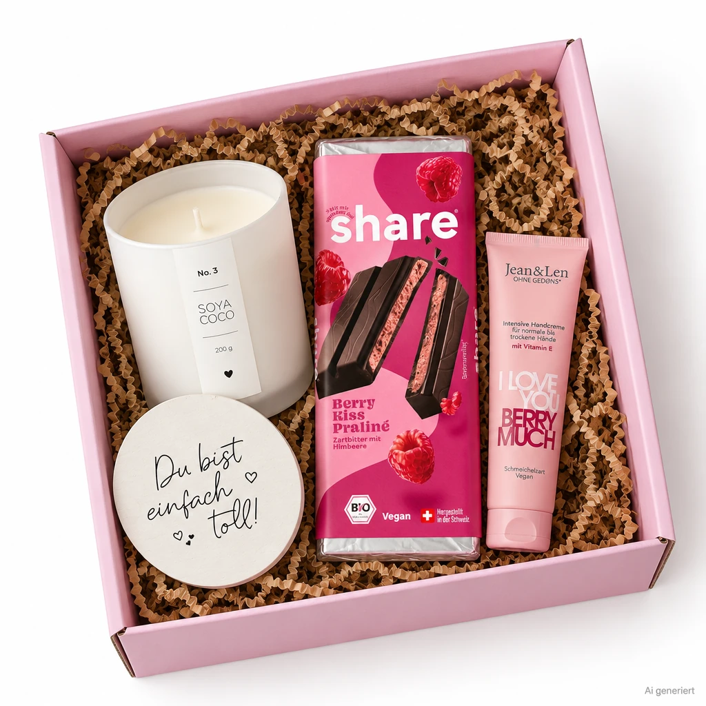 Rosa Geschenkbox mit Kerze, Himbeerschokolade und Handcreme