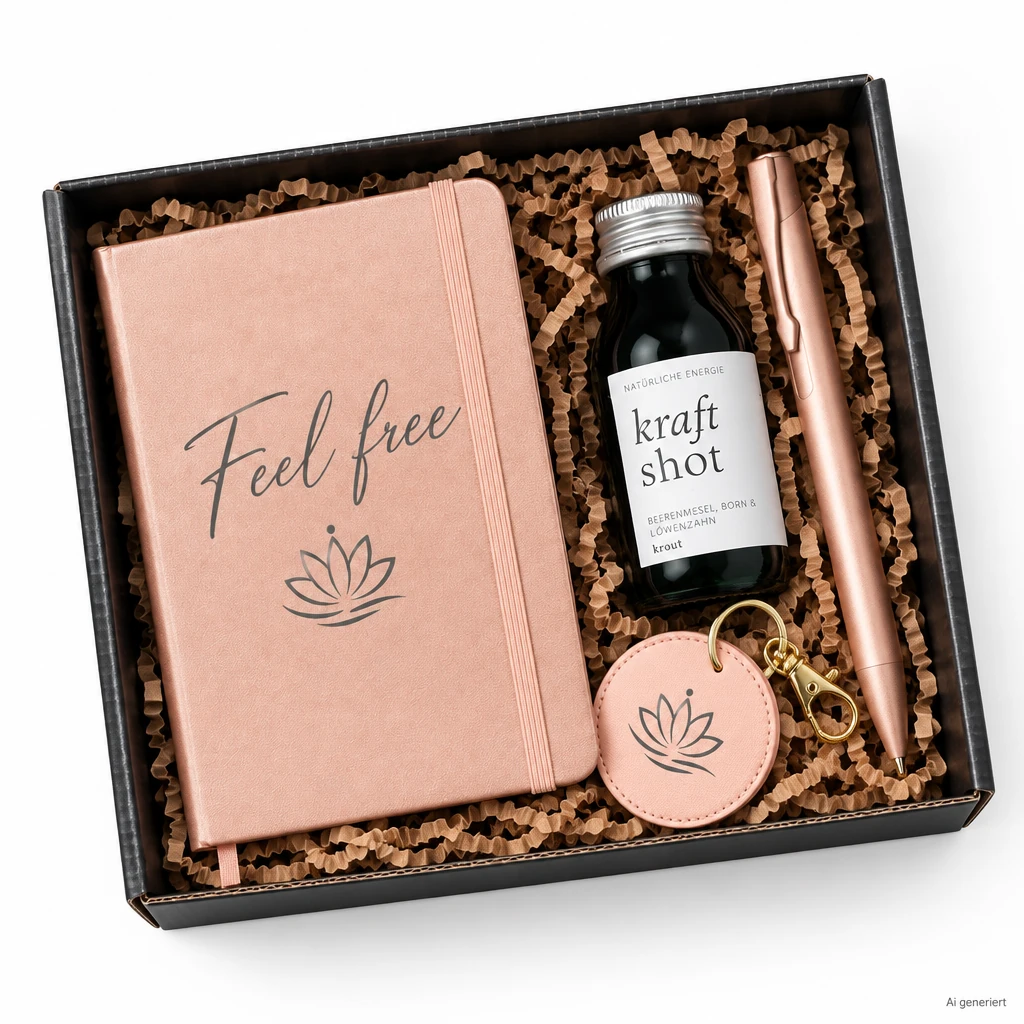 Schwarze Geschenkbox mit rosafarbenem Notizbuch, Stift, Schlüsselanhänger und Kraft-Shot