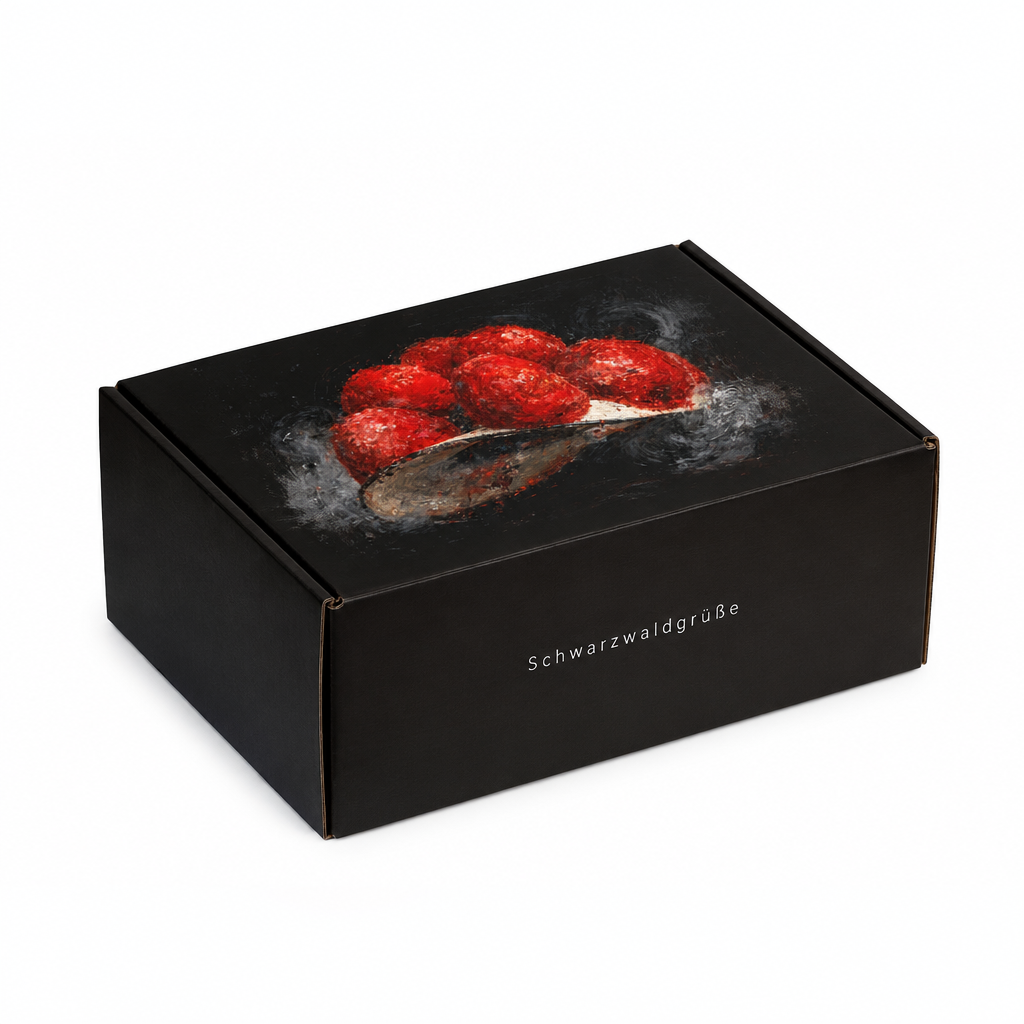 Schwarze Geschenkbox mit Bollenhut-Motiv und Aufdruck Schwarzwaldgrüße